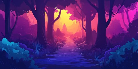 Poster - A stunning view of an enchanted forest pathway, illuminated by vibrant colors during sunset. The scene evokes tranquility and invites exploration into nature's beauty.