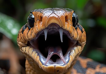 Poster - Close-Up of a Fierce Snake Displaying Its Fangs in a Natural Jungle Environment, Showcasing Vibrant Scales and Intense Expression for Wildlife Photography