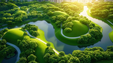 Poster - Aerial view of a city park with green spaces, trees, and water features as the sun rises over the cityscape in the background, creating a peaceful and serene atmosphere amidst the urban sprawl.