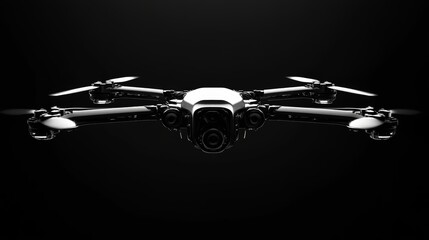 Poster - A black and white drone with four propellers. The drone is in the air. The drone is not in focus