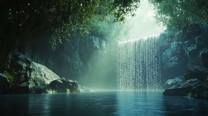 Poster - Serene Waterfall in Lush Forest with Digital Binary Code Flowing Through the Landscape