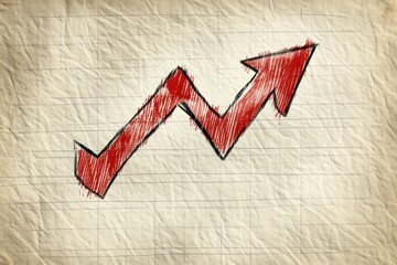 Poster - This image features a simple sketch of a red upward arrow drawn on textured paper, symbolizing growth and progress, ideal for presentations or creative projects.