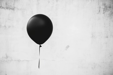 Poster - A single black balloon floats against a textured white wall, creating a minimalist and artistic visual contrast.