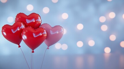 Canvas Print - Red and pink heart-shaped balloons against a bokeh background.