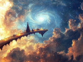 Wall Mural - a celestial marketplace set on floating platforms above a swirling nebula. radiant stalls display sh