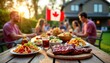 © Pete - Large group of friends, family enjoy summer BBQ in backyard on Canada Day. Delicious food like ribs, snacks on table. Canadian flag visible in background. House, green grass make up backyard scene.