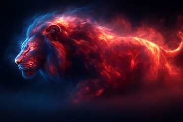 Canvas Print - Fiery Lion Majestically Moving Through Abstract Flames