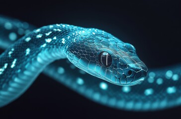 Poster - Illuminated Serpent with Glowing Scales on Dark Background, Captivating Close-Up of a Coiled Python Creating a Futuristic Aesthetic in Nature Photography