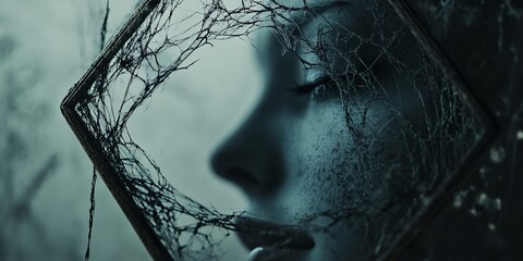 Poster - A mysterious portrait of a woman with a web-like overlay, creating an artistic and moody atmosphere.