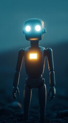 Poster - A humanoid robot with illuminated eyes and chest light in a dark, atmospheric setting, evoking a sense of mystery and technology.