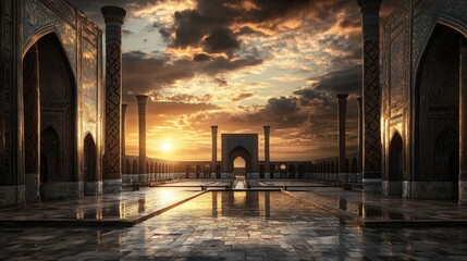 Poster - Stunning sunset over registan square samarkand architecture photography tranquil environment wide angle cultural heritage