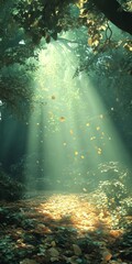 Poster - Experience a dreamlike forest scene where surreal light filters through the trees, creating an enchanting atmosphere filled with tranquility and beauty.