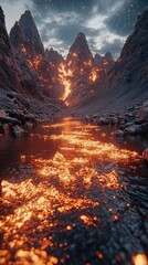 Wall Mural - A surreal mountain range glowing with molten crystal streams that flow down into a radiant lake. The lake’s surface reflects the auroras that fill the sky above, creating a magical and harmonious 