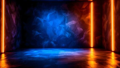Leinwandbilder - Abstract wall studio room blue background for displaying your products. Dark empty scene, blue neon searchlight light. Dark blue studio room with spotlight backdrop wallpaper. 3d blue room background