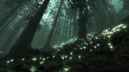 Wall Mural - a celestial forest where glowing vines drape between radiant trees, creating arches of light that st