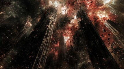 Wall Mural - a celestial marketplace set on floating platforms of light, surrounded by swirling nebulae. radiant 