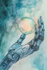Wall Mural - a robot hand is holding a ball. the robot hand is white and the ball is orange. the robot hand is ho