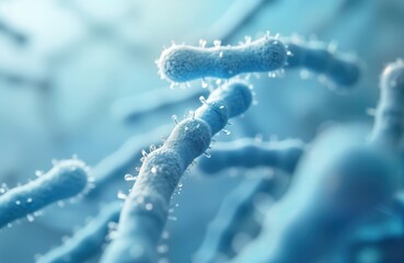 Aufkleber - Close-up view of lactobacillus bacteria. Microscopic organisms shown in 3D rendering. Bacteria light blue in color, appear rod-shaped. Illustration highlights complex bacterial structure. Image