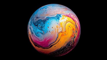 abstract colorful sphere with swirling paint patterns on black background.
