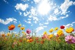 © Cloudyew - A vivid wildflower field blooms under the bright sun and blue sky, creating a picturesque scene filled with colorful petals and lush greenery.