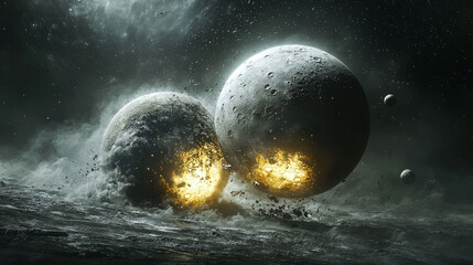 Wall Mural - Cosmic Collision: A Stunning Visual of Celestial Bodies Colliding in a Galactic Dance of Destruction and Creation
