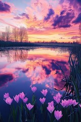 Wall Mural - Captivating sunset over a tranquil lake with vibrant pink tulips and dramatic clouds reflecting in the water.