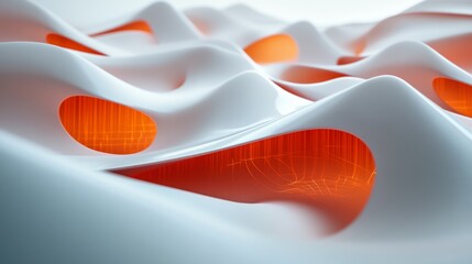 Poster - Abstract Surreal Graphic of Morphing Data Network with Smooth White Waves and Vibrant Orange Highlights