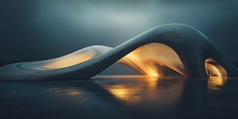 Poster - Large, curved structure is reflected in the water. The structure is made of white blocks and he is a bridge