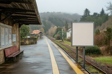 Wall Mural - Empty platform at rural train station with blank sign.