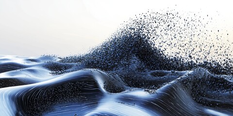 Poster - This abstract image illustrates the dynamic flow of big data through waves and particles, symbolizing a conceptual representation of information and technology.