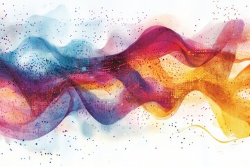 Poster - Vibrant Watercolor Flowing Data Visualization with Colorful Waves and Abstract Dots in Artistic Style