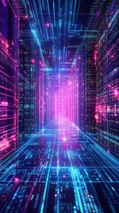 Poster - Futuristic Digital Corridor with Vibrant Data Points and Technology Connections Radiating Light