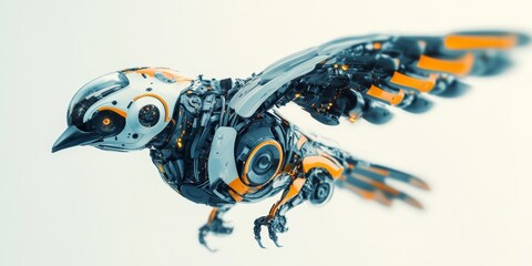Poster - A highly detailed robotic bird showcasing advanced technology and design, soaring gracefully in a minimalist setting.