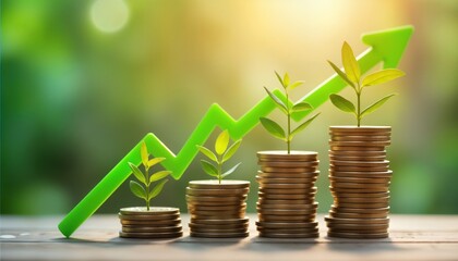 Aufkleber - Coins stacked in growing piles with small plants growing on top. Green upward trend arrow symbolises financial growth. Image represents wealth accumulation over time. Money, investment, success