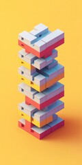 Poster - Colorful abstract geometric blocks stacked against a bright yellow background, illustrating modern architectural design.
