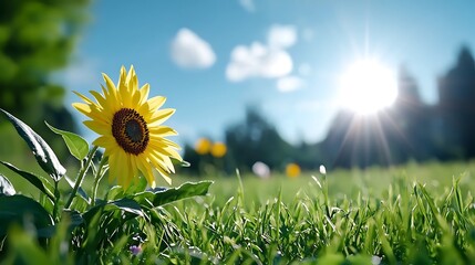 Wall Mural - vibrant single sunflower in a sunlit field of green grass, with a bright sun and blue sky background