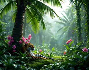 Wall Mural - Jaguar's Rainforest Retreat: Lush Greens, Pink Blooms, Serene Rain