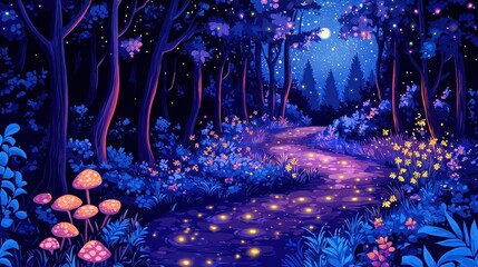 Wall Mural - a serene celestial forest where glowing vines stretch between radiant trees. the forest floor is cov