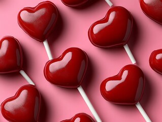 Wall Mural - A bunch of red heart shaped lollipops on a pink background