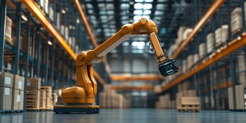 Poster - Robotic arm in a high-tech warehouse, showcasing automation and efficiency in inventory handling.