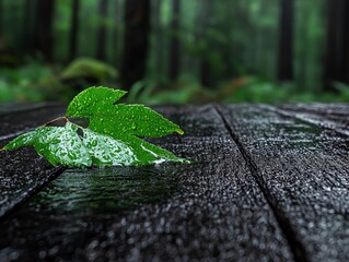 Wall Mural - A green leaf sitting on top of a wooden table in the rain