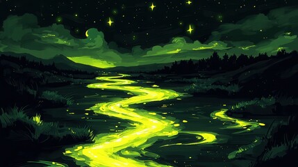 Wall Mural - a serene volcanic lake surrounded by cliffs covered in glowing moss. streams of molten silver pour i
