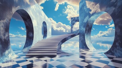 Poster - Explore a mesmerizing surreal art gallery filled with optical illusions and dreamlike environments, showcasing geometric shapes and captivating reflections.
