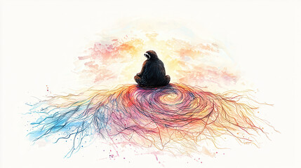 peaceful sloth sitting on glowing swirl of colorful patterns, radiating calmness and serenity