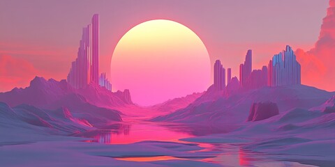Poster - A stunning digital artwork showcasing a futuristic landscape with a vibrant sunset, surreal architecture, and a reflective water surface.