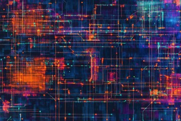 Poster - A colorful background with many lines and dots. The background is orange and blue