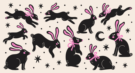 Wall Mural - easter concept vector stickers design elements set. collection of groovy funky cartoon illustration 