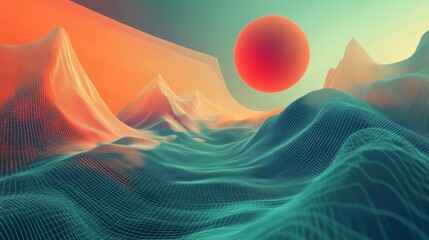 Poster - Abstract Surreal Landscape with Morphing Networks and Vibrant Sun in a Graphic Representation of Data