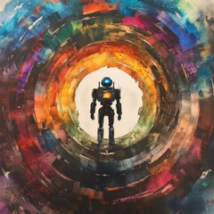 Poster - A lone robot stands in a vibrant, swirling tunnel of color, symbolizing the journey of artificial intelligence into the future