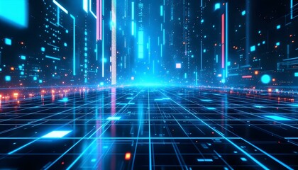 Poster - A high-tech blue pixel grid with a uniform pattern of bright and dark squares delivers a sophisticated digital design. Sophisticated blue grid design featuring a mix of bright and dark background